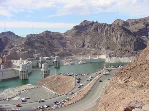 hoover dam from colorado clifftops