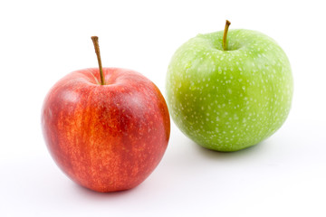 red and green apple on white