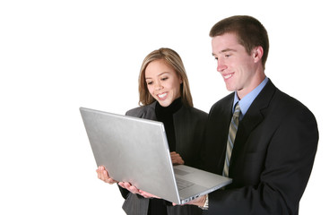 young business team holding computer