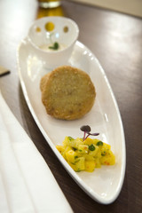crab stuffed patties with mango compote