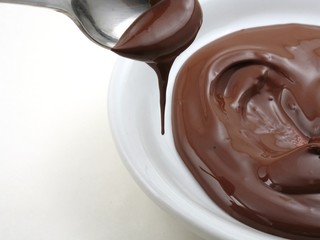 chocolate drips from spoon near chocolate