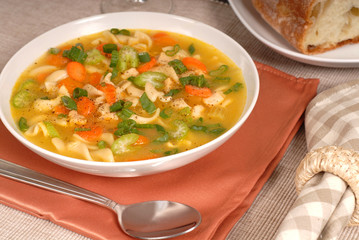 closeup of a bowl of chicken noodle soup with rustic bread