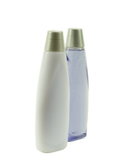 two bottles of blue shampoo; angle view