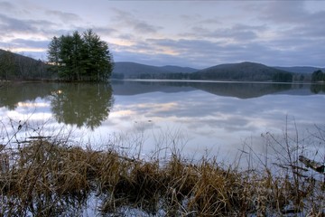 sunrise over mountain lake