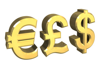 simbolo euro, sterlina, e dollaro in oro
