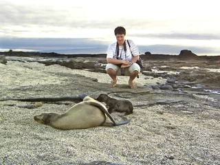 Foto op Canvas galapagos tourist and sea lions © Olga D. van de Veer