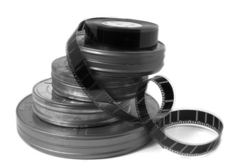 movie film cans and trailer (black and white)