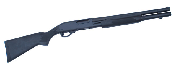 Pump action shotgun often used by the police and military, as well as for home defense, with a synthetic stock isolated on a white background