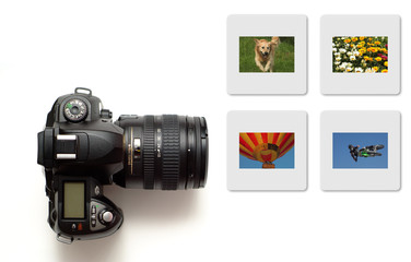 modern slr camera isolated with colour slides