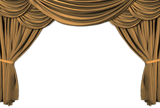gold theater stage draped with curtains