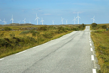 Road leading to the windmills of Smøla, Norway. The windmills are lined up in the horizon against clear blue sky.