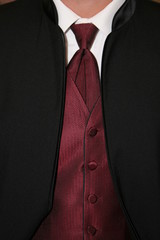 tux formal wear black white maroon shirt tie vest