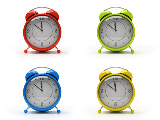 four colourful alarm clocks isolated on white background 3d