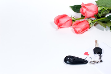 car keys and roses bouquet with copyspace