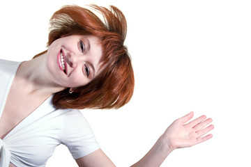 Obraz premium happy woman in white t-shirt