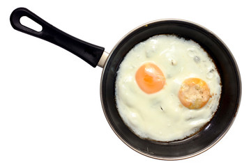 two fried eggs in frying pan on an isolated white