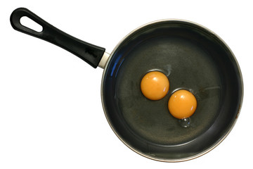 two uncooked eggs in frying pan on an isolated whi