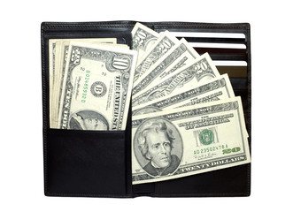 leather wallet full of dollar bills