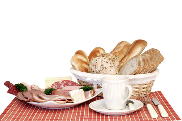 breakfast, fresh baked  bread, cheese and meat