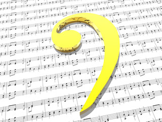 bass clef on sheet of printed music