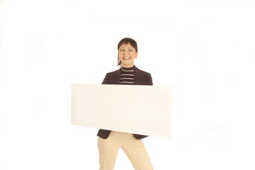 young brunette holding blank sign