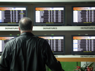 man viewing departure board