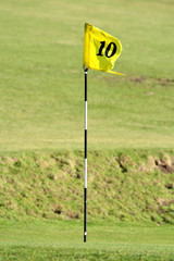 the 10th pin on a golf course green.