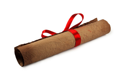 diploma with red ribbon on white background