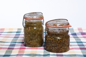 home made relish on tablecloth