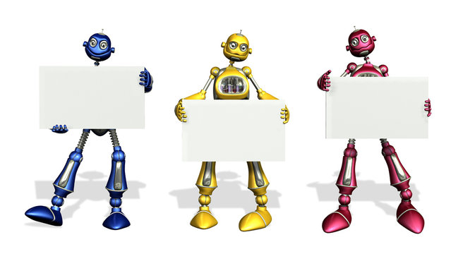 three robots with blank signs