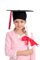 girl in graduation cap, holding diploma