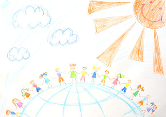 Primitive childish pencil drawing close-up isolated on white.