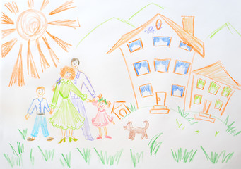 Obraz na płótnie Canvas Primitive dziecinny rysunek ołówkiem close-up samodzielnie na białym tle.