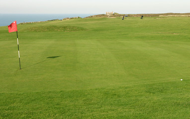 a golf ball on the fringe of a green.