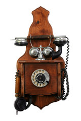 old wood telephone on white background