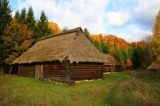 straw roofed house autumn landscape