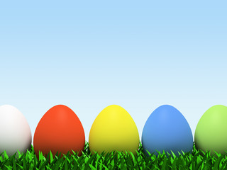 five colorful eggs in row isolated on white background