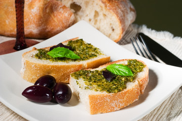 ciabatta, pesto and olives