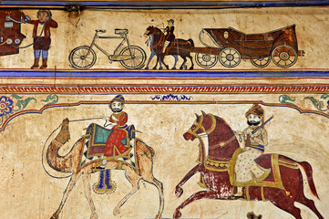 india, mandawa: colourful frescoes  on the walls