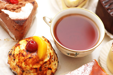 cup of tea and various cakes - view from the top