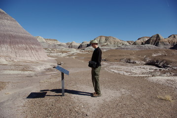 man reading interpretive sign