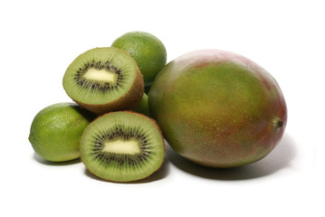 kiwi, lime and mango fruits isolated on white