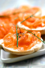 smoke salmon on cream cheese on mini bagel