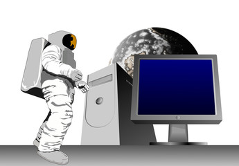 astronaut with computer and moon - obrazy, fototapety, plakaty