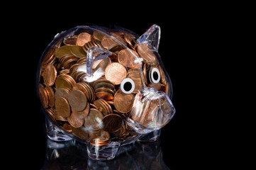 clear piggy bank full of american pennies