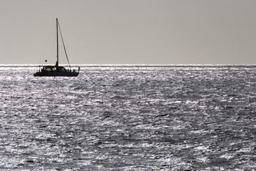 catamaran on a silver sea