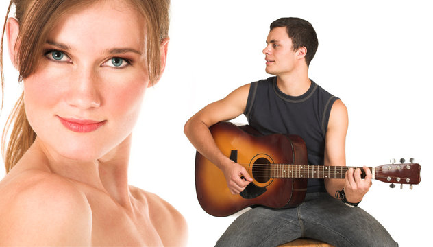 face of a beautiful nude woman with man playing gu