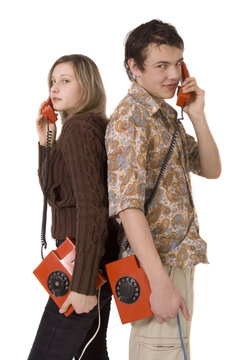 young couple with phones