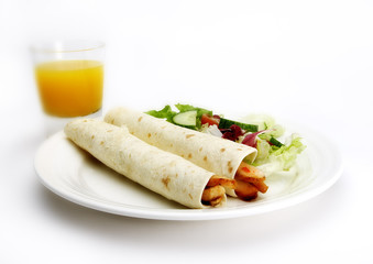 chicken pancake rolls and juice