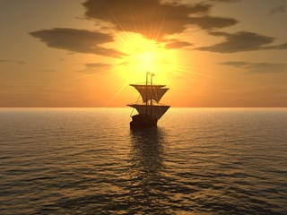 Obraz na płótnie Canvas statek i zachód słońca